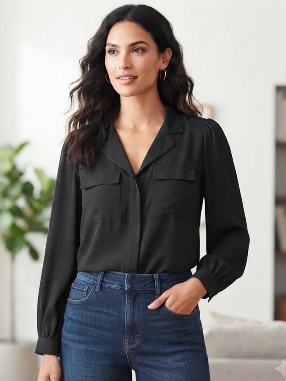 White House Black Market Black Button-Down V-Neck Blouse